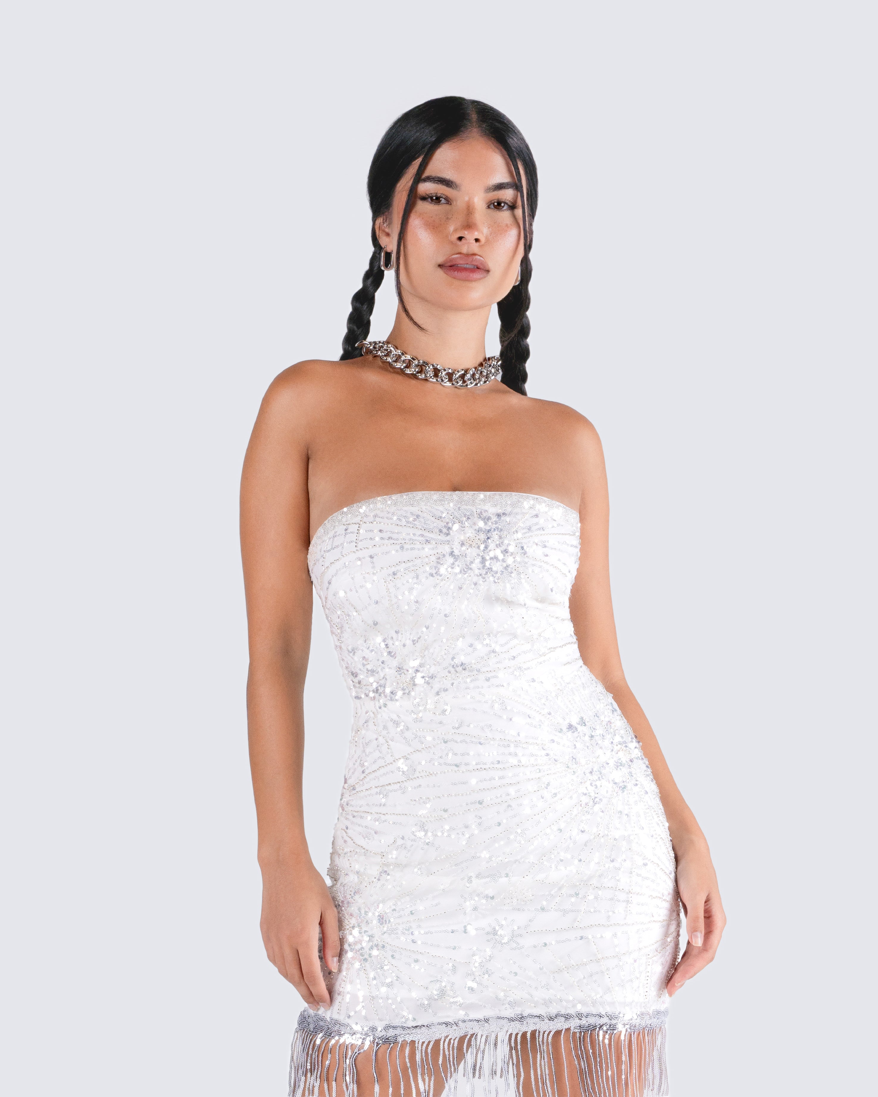 white sparkly mini dress